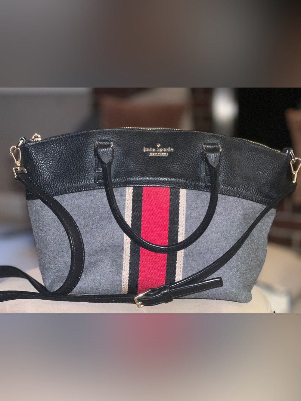 Late Spade NewYork Grey Wool Red Stripe Tote Bag